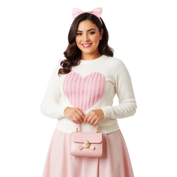 Coquette Heart Cable Knit Pullover Sweater, Round Neck - Picture 3 of 6